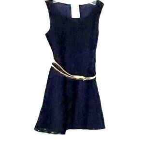 LILY BLEU SLEEVELESS FESTIVE LACE DRESS, GIRLS, 4, NAVY BLUE-GOLDTONE BELT LINED